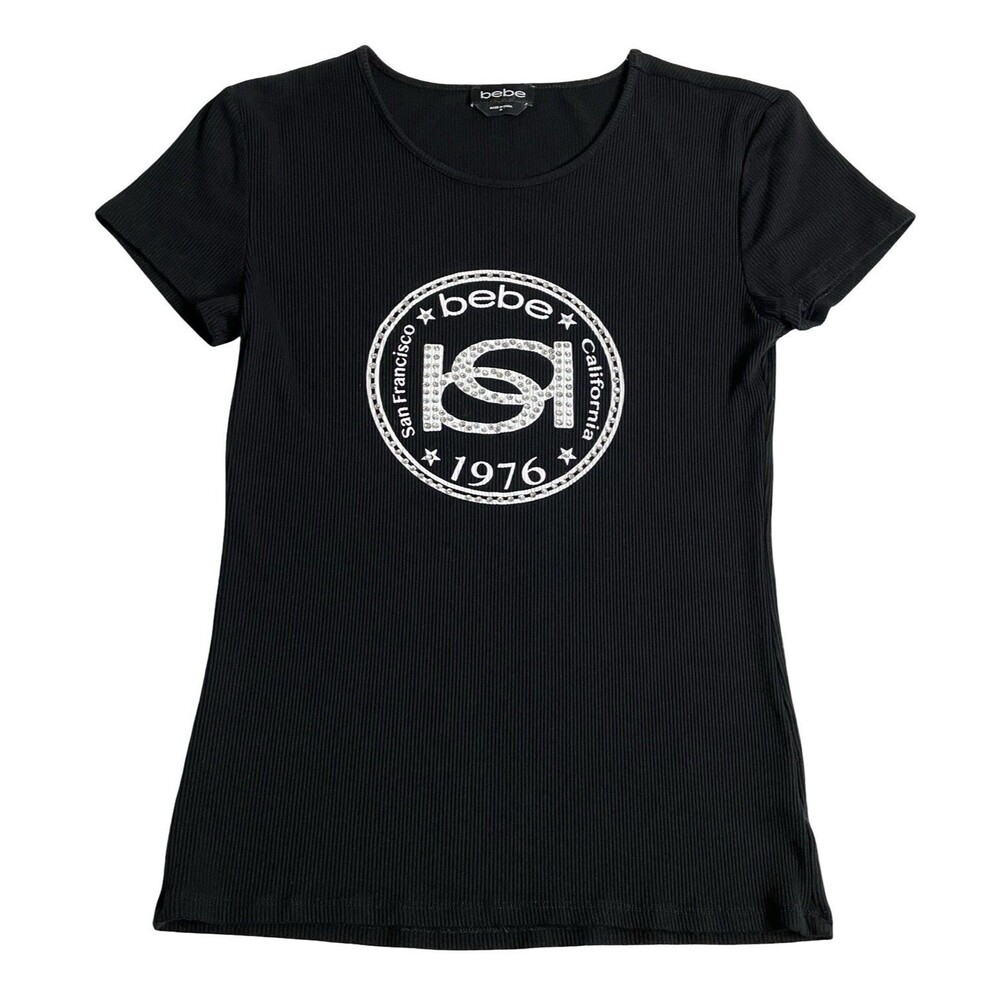Bebe Top‎ Womens M Black McBling Rhinestone Y2K Logo Stretch Ribbed Short Sleeve